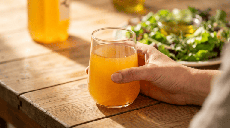 GLP-1 natuerlich erhoehen - Unimate Kaltgetraenk mit Salat auf Holztisch