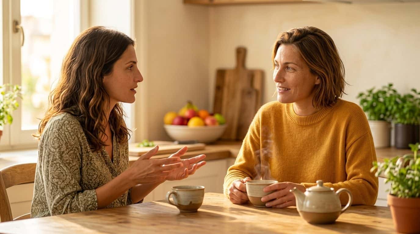 Insulinresistenz einfach erklaert - Frau im Gespraech ueber Stoffwechsel und Blutzucker