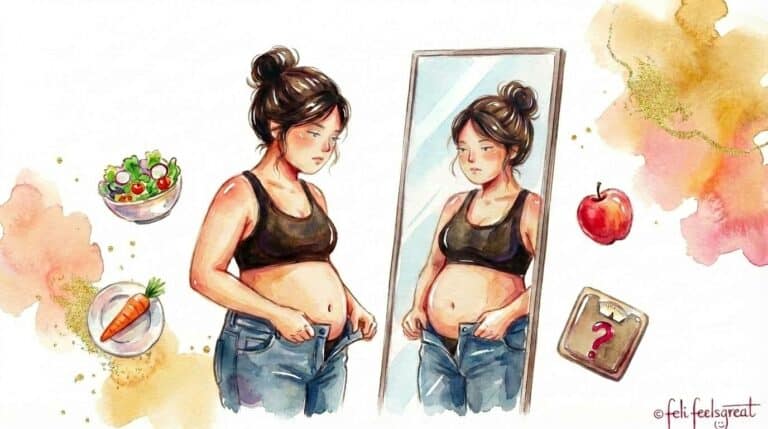 Abnehmen klappt nicht - Frau steht vor dem Spiegel und fühlt sich unverstanden, obwohl sie gesunde Lebensmittel, Waage und Äpfel um sich hat - die wahre Ursache liegt tiefer