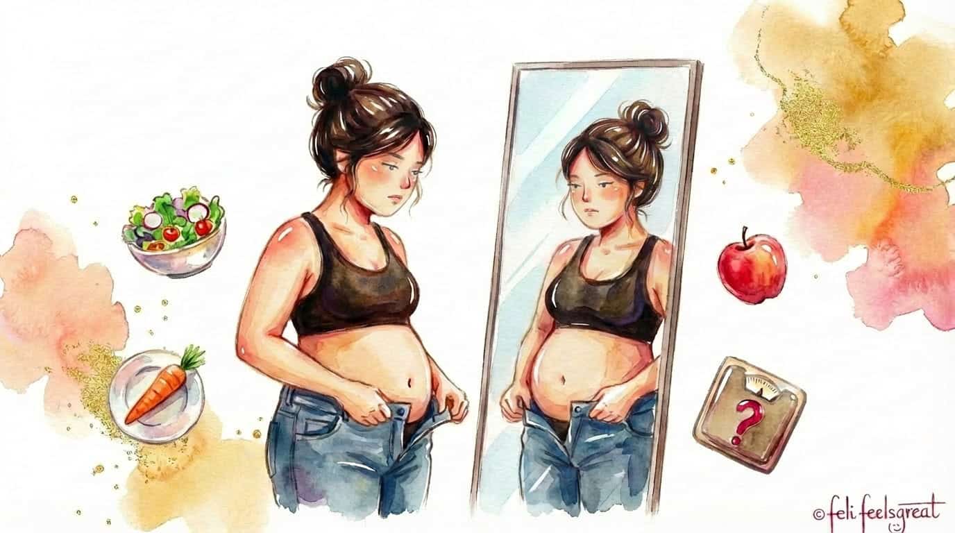 Abnehmen klappt nicht - Frau steht vor dem Spiegel und fühlt sich unverstanden, obwohl sie gesunde Lebensmittel, Waage und Äpfel um sich hat - die wahre Ursache liegt tiefer