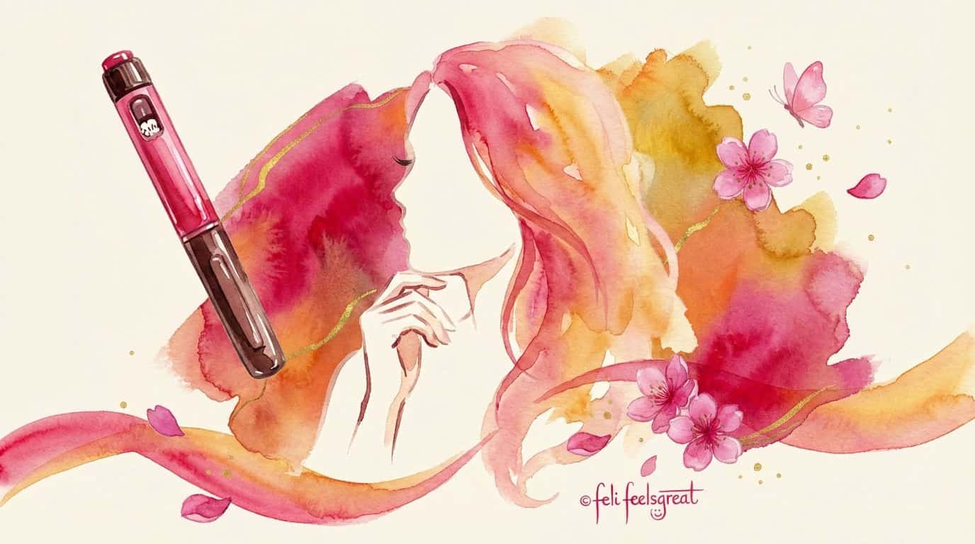 Frau überlegt nachdenklich mit Stift in der Hand — Entscheidung zwischen Ozempic-Spritze und natürlichen Alternativen wie Intervallfasten, Darmflora und Yerba Mate