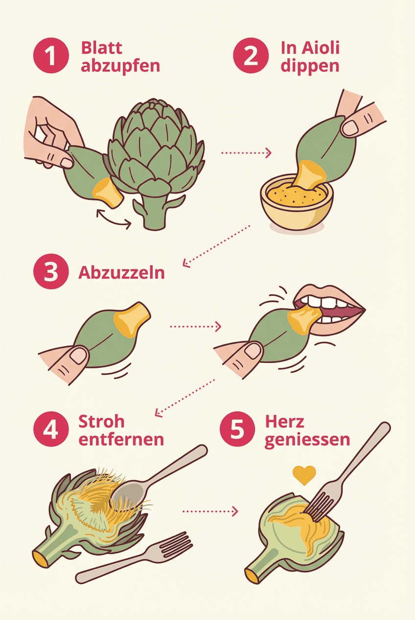 Artischocken essen Anleitung - 5 Schritte vom Blatt abzupfen bis zum Herz geniessen
