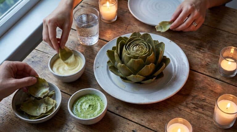 Artischocken essen - Blatt in Aioli dippen, mediterraner Abendtisch mit Kerzen