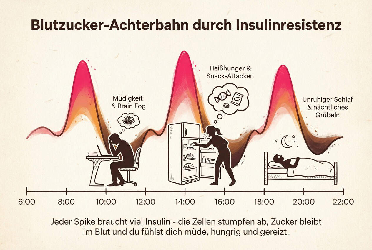 Illustration mit Blutzucker-Achterbahn und Tageslinie die Müdigkeit Heißhunger und schlechten Schlaf durch Insulinresistenz zeigt