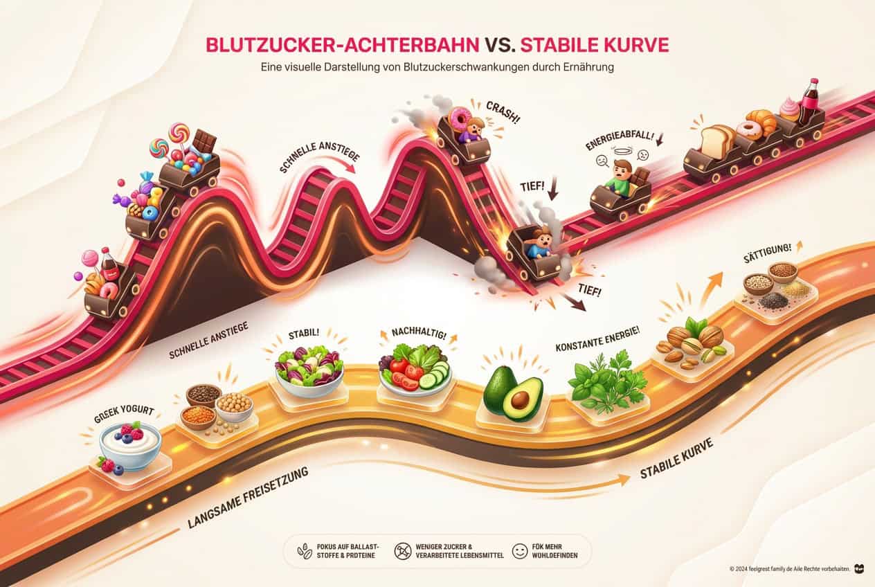 Illustration mit Blutzucker-Achterbahn durch Zucker und verarbeitete Lebensmittel und stabiler Kurve mit ballaststoffreichen, gesunden Lebensmitteln