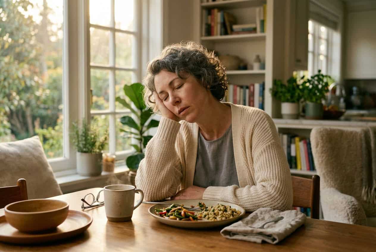 Frau stützt erschöpft den Kopf auf den Tisch und ist nach einer Mahlzeit extrem müde