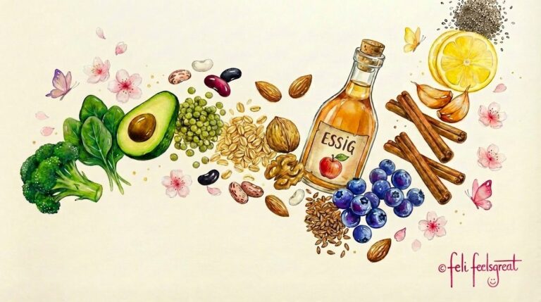 12 Lebensmittel die den Blutzucker natuerlich senken - Avocado Huelsenfruechte Zimt Essig Blaubeeren Nuesse und Gemuese