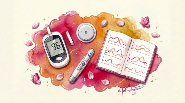 Blutzuckermessgeraet und CGM-Sensor im Vergleich - klassisches Messgeraet, Teststreifen, Lanzette und Continuous Glucose Monitor als Flat-Lay-Aquarell
