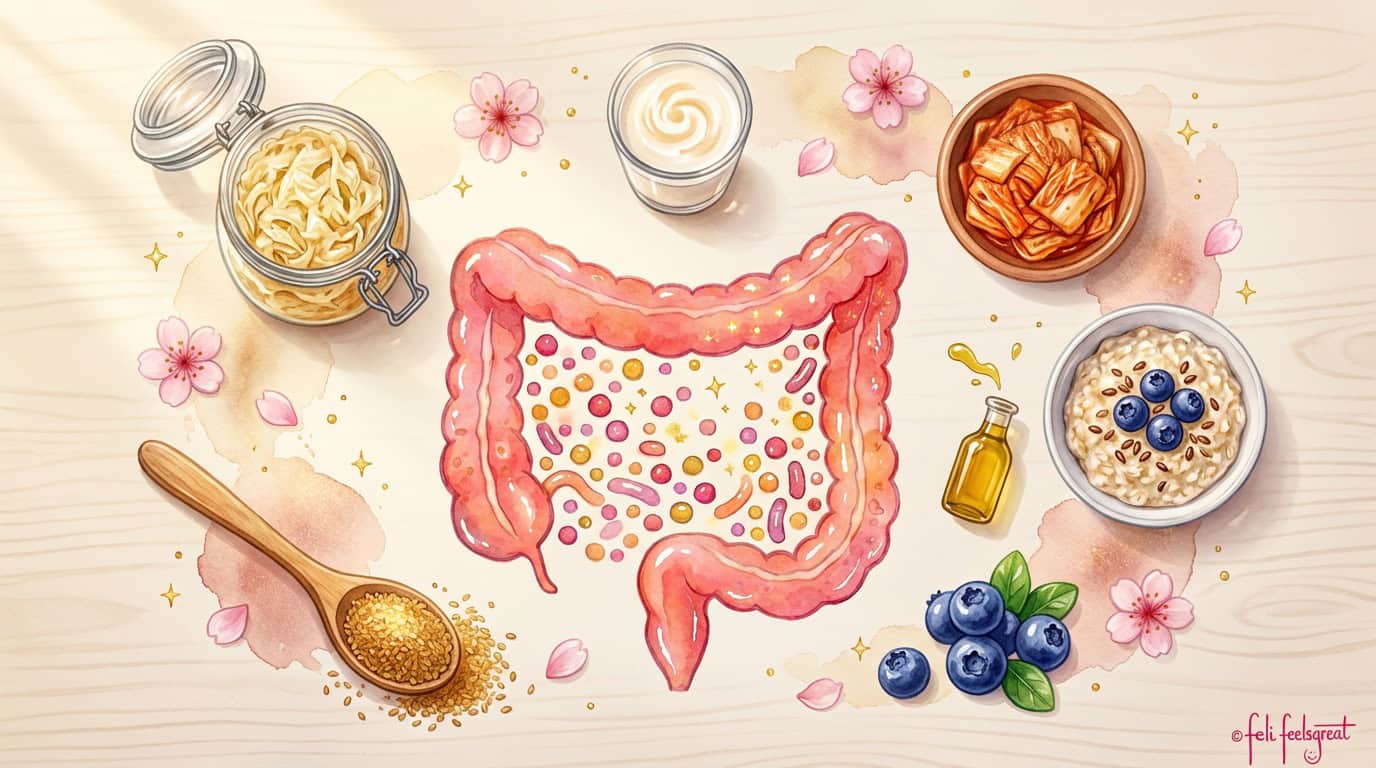 Darmflora aufbauen — Aquarell-Illustration: Die wichtigsten Lebensmittel in ovaler Anordnung (Sauerkraut, Kefir, Kimchi, Haferporridge mit Beeren, Olivenöl, Heidelbeeren, Leinsamen)