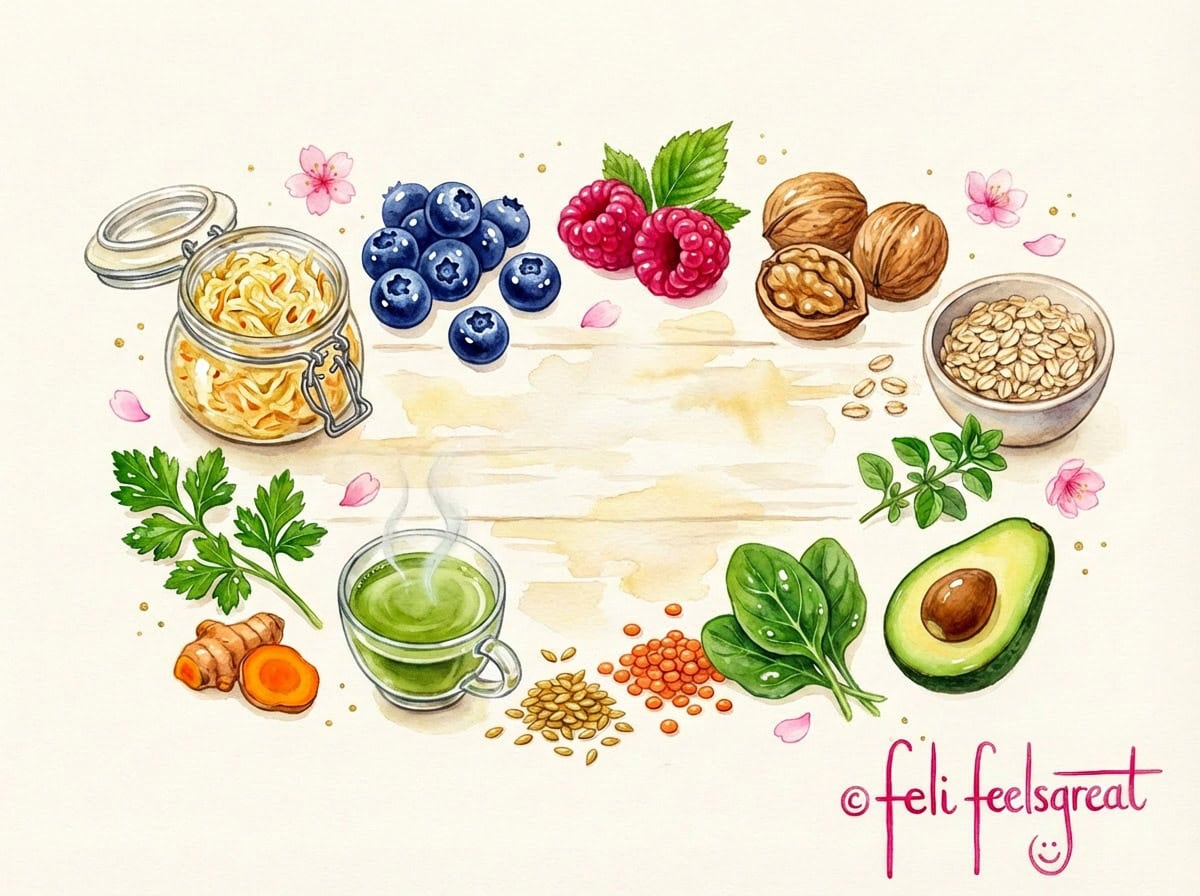 Darmfreundliche Lebensmittel: fermentiertes Gemüse, Beeren, Nuesse, Leinsamen, Haferflocken und Gruener Tee