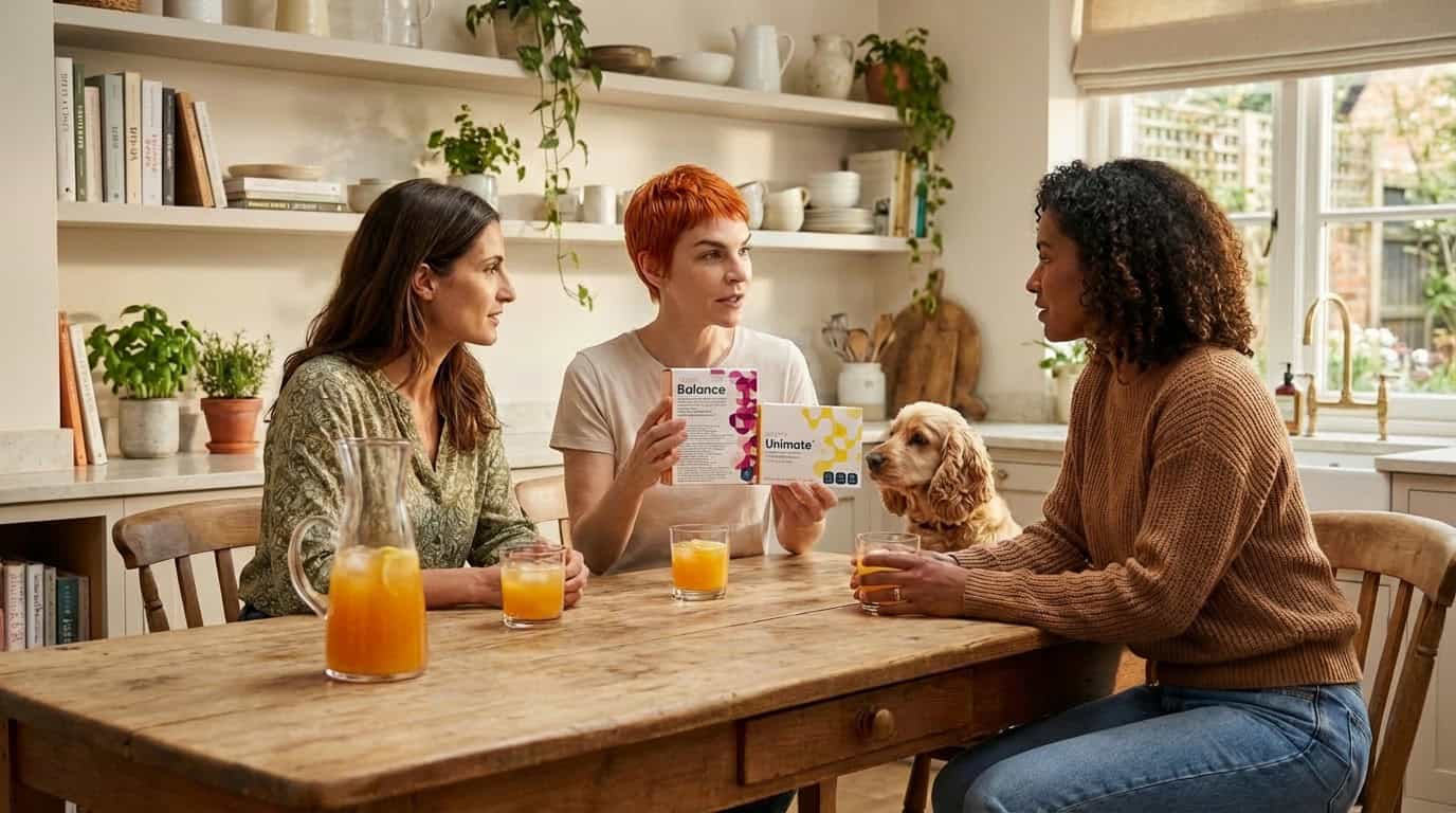 Drei Frauen vergleichen Unicity Unimate und Balance Packungen am Küchentisch