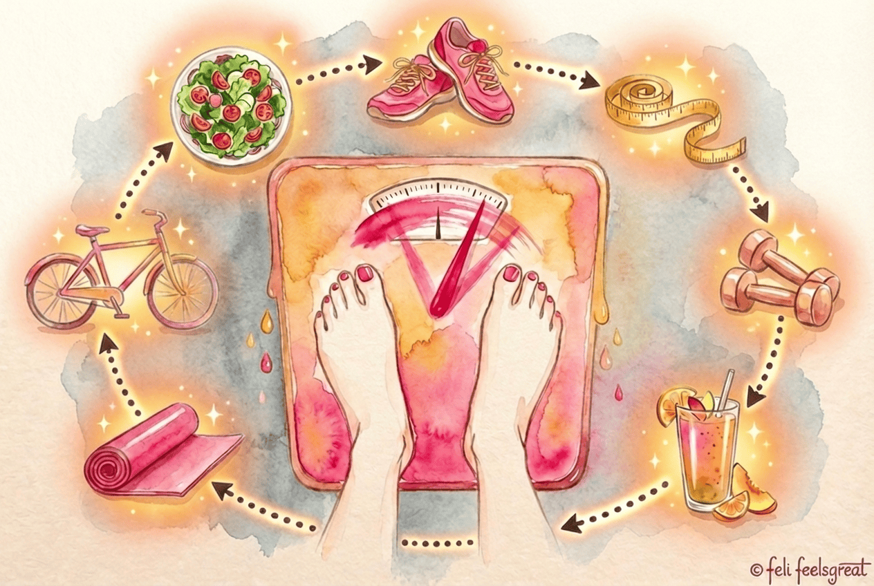 Feli auf der Waage umgeben von gesundem Essen Sportschuhen Fahrrad und Smoothie - Feel Great Erfahrungen