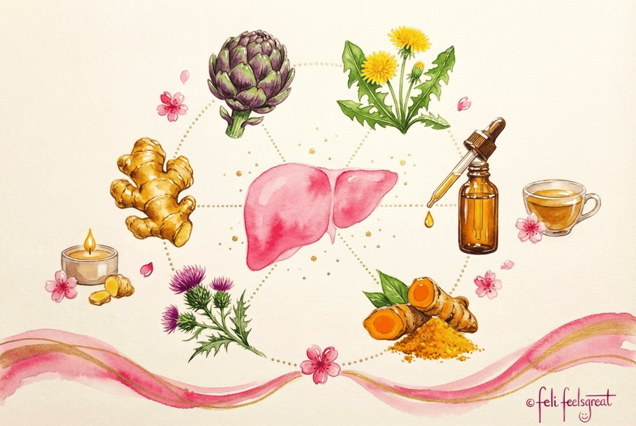 Bitterstoffe Kraeuter für die Leber - Mariendistel Artischocke Loewenzahn Kurkuma, Feli-Flow Aquarell