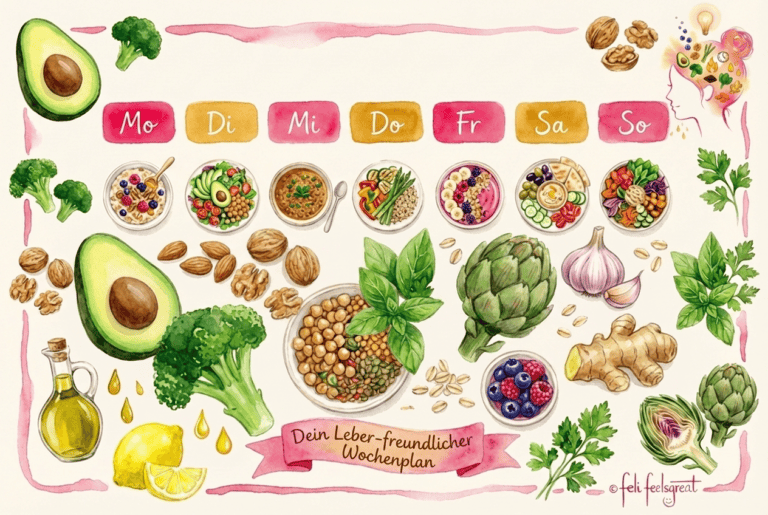 Fettleber Ernaehrungsplan - Dein Leber-freundlicher Wochenplan Mo bis So mit Artischocke Avocado Brokkoli Huelsenfruechten, Feli-Flow Aquarell