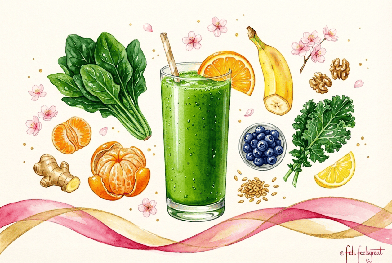 Gruener Smoothie bei Fettleber - Spinat Ingwer Zitrus, Feli-Flow Aquarell