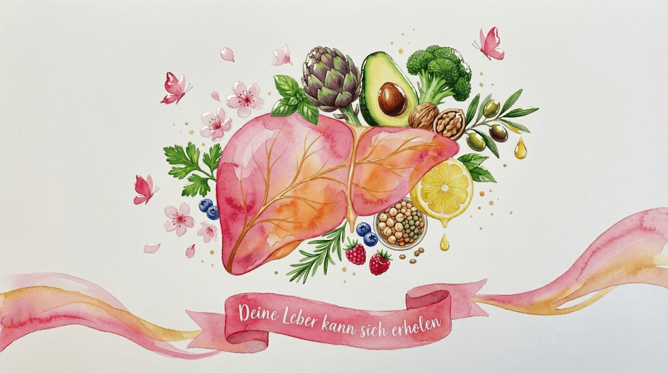 Fettleber - Deine Leber kann sich erholen, Leber mit Artischocken Avocado Brokkoli Kirschblueten und Schmetterlingen, Feli-Flow Aquarell