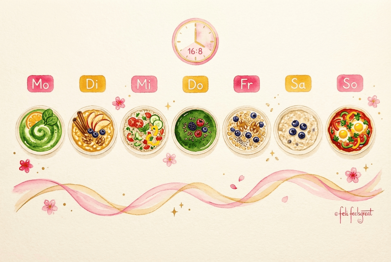 Fettleber 7-Tage-Wochenplan sieben Bowls Mo-So Intervallfasten 16:8, Feli-Flow Aquarell