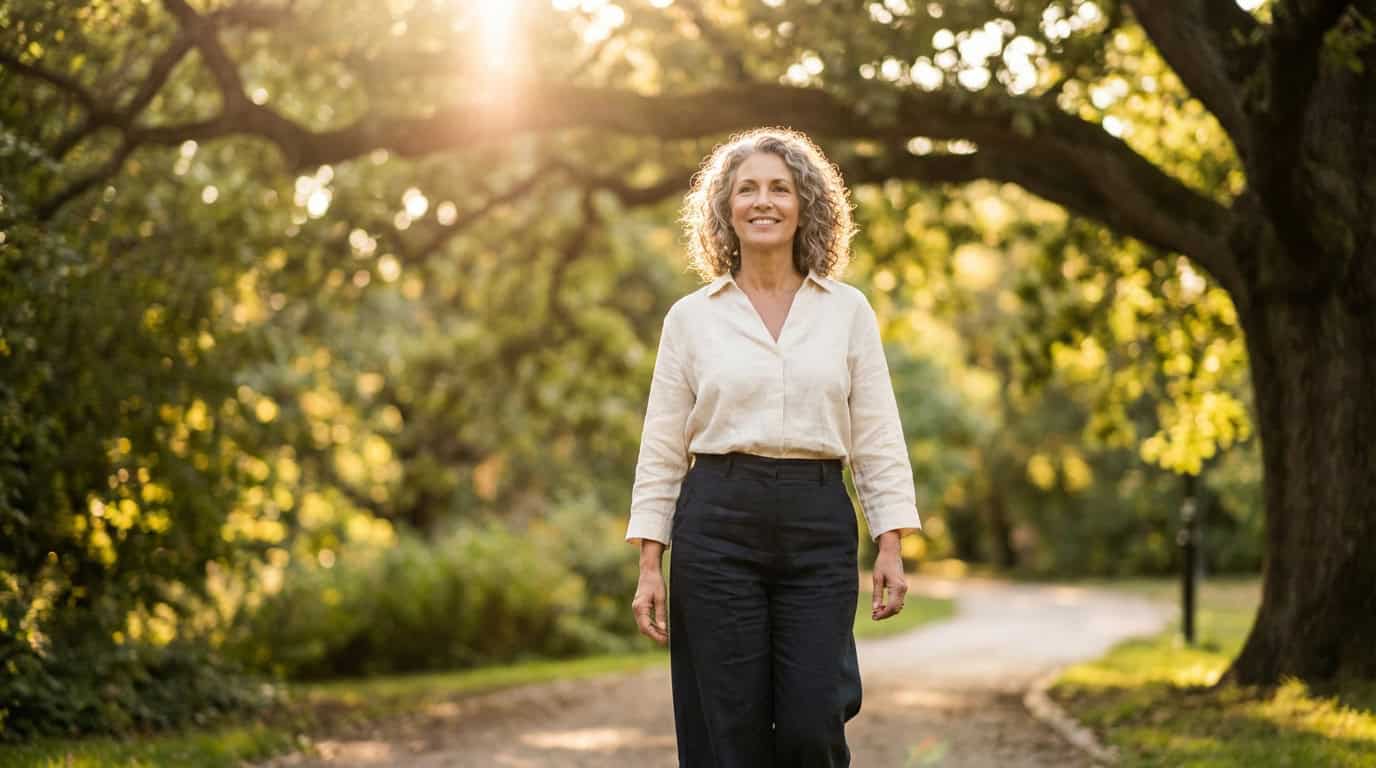 Selbstbewusste Frau mit Locken geht in der Natur spazieren — neuer Anfang in den Wechseljahren