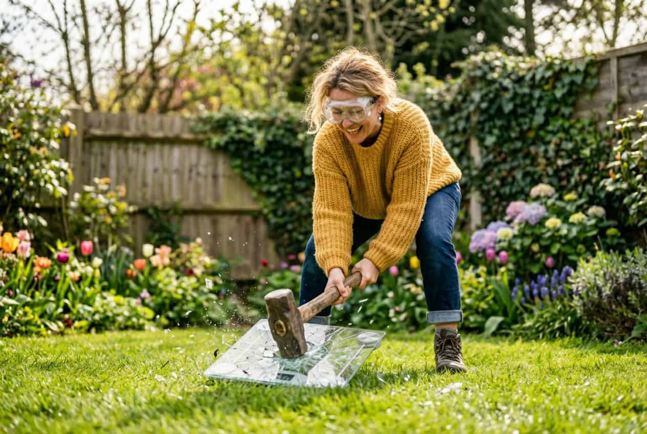Frau schlägt frustriert mit einem Hammer auf eine Personenwaage im Garten ein