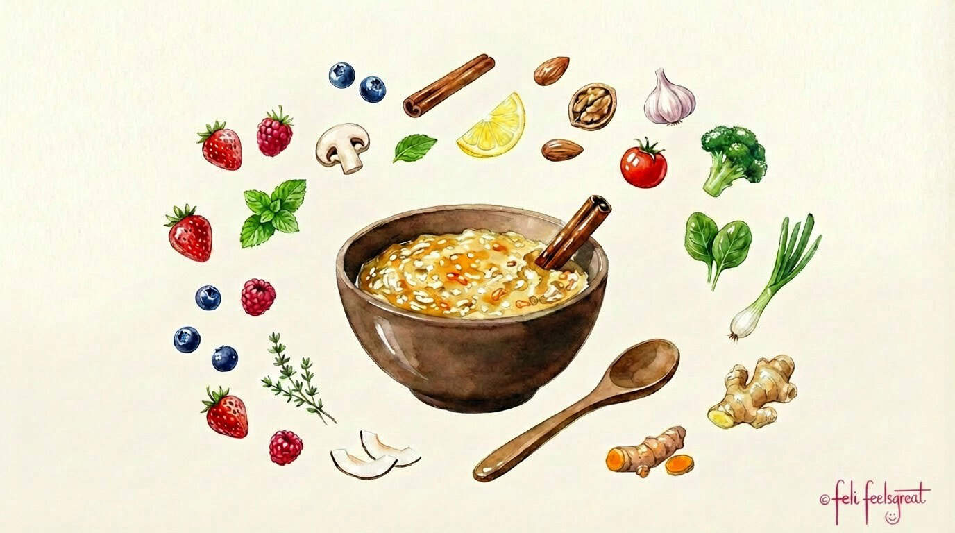 Haferkur Anleitung Haferflocken Porridge mit erlaubten Zutaten Beeren Zimt Pilze Brokkoli Ingwer
