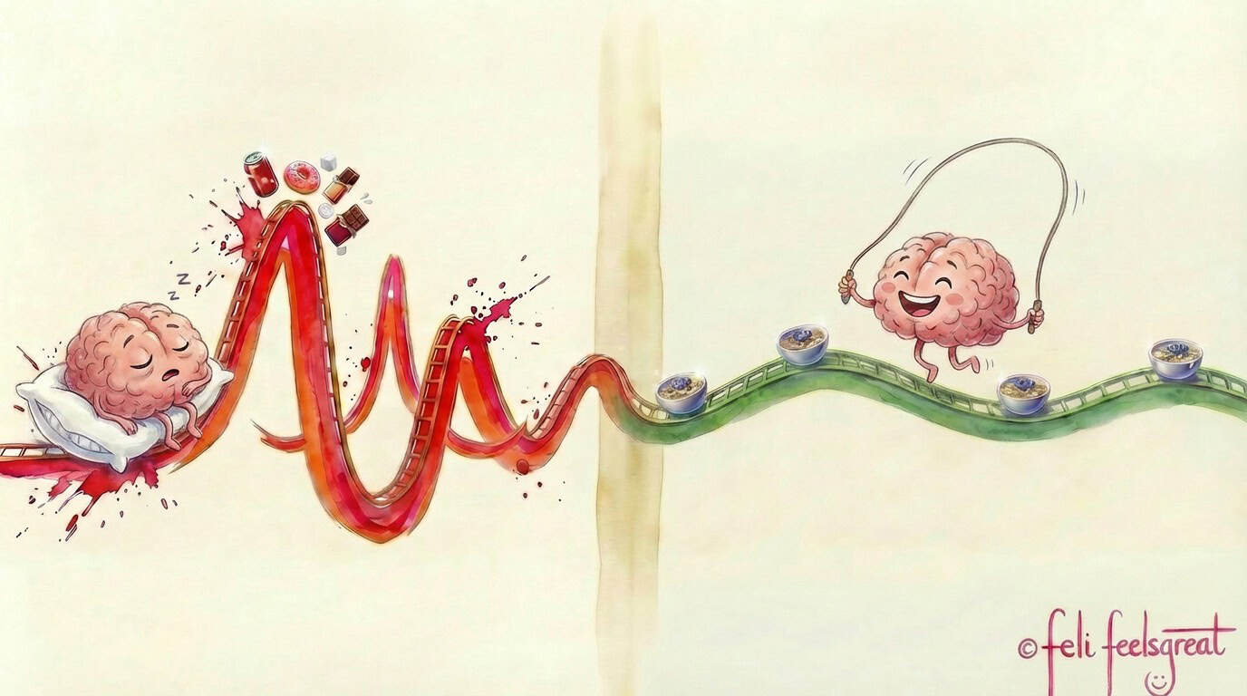 Haferkur und Blutzucker Vorher/Nachher: Aquarell-Illustration zeigt den Wechsel von Blutzucker-Achterbahn mit Junk Food zu stabiler Welle mit Hafer und Beta-Glucan