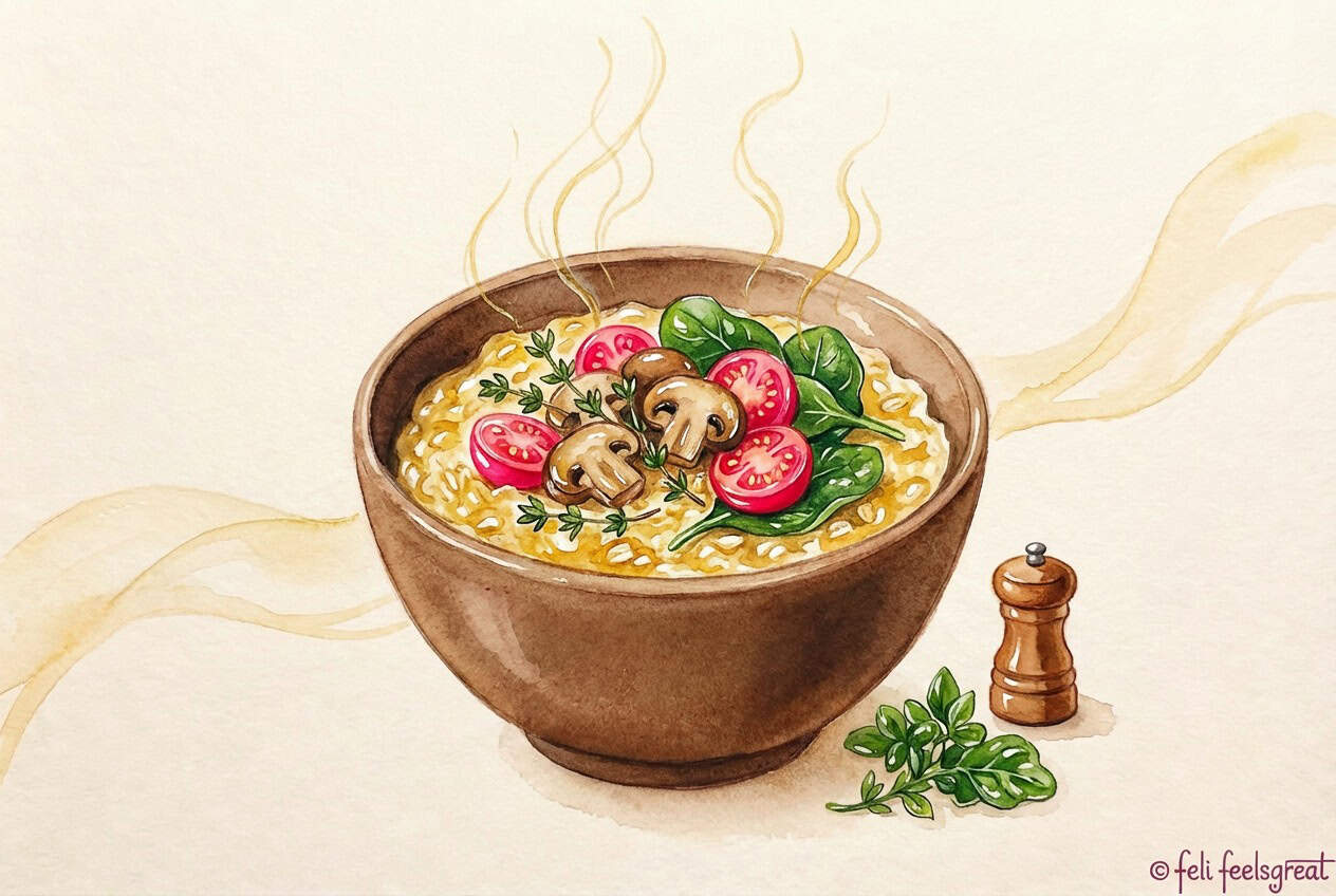 Haferkur herzhaftes Porridge mit Champignons Tomaten Spinat und Thymian