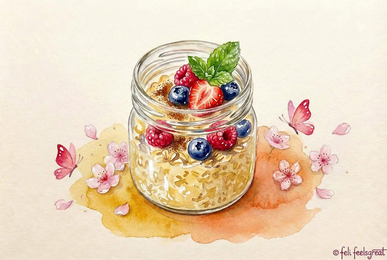 Haferkur Overnight Oats im Glas mit Blaubeeren Himbeeren Erdbeeren und Minze