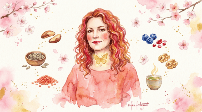 Frau mit goldenem Schmetterling auf der Schilddrüse umgeben von Hashimoto-freundlichen Lebensmitteln — Hashimoto abnehmen mit Naturheilkunde