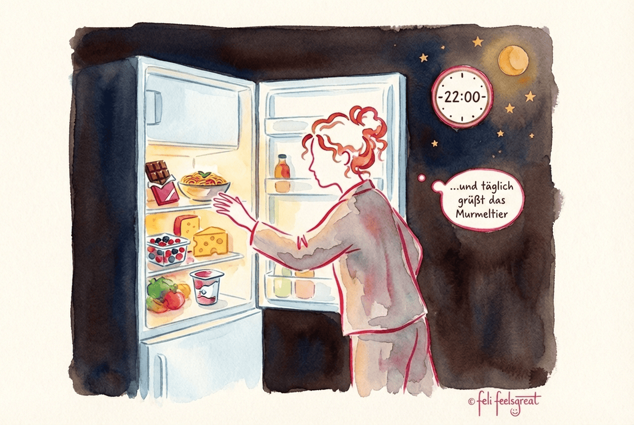 Heißhunger abends - Frau nachts vor Kühlschrank Murmeltier Feli-Flow
