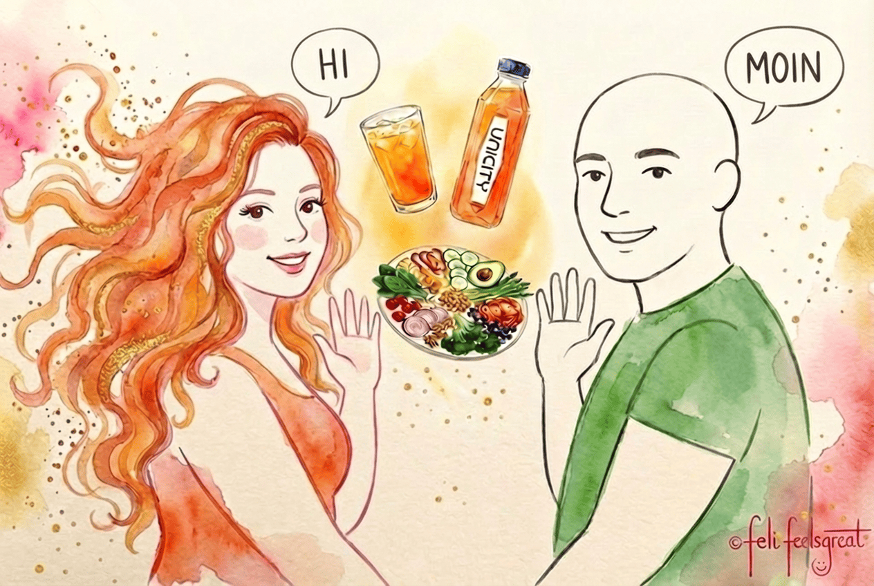 Feli und Tom Feli-Flow Illustration - Hi und Moin mit Unicity Flasche und gesundem Essen