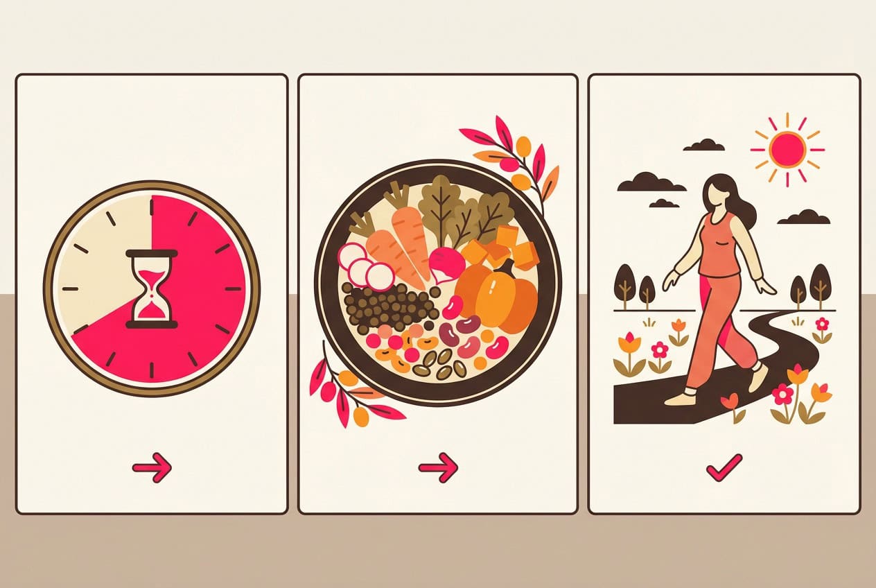 drei Kacheln mit Uhr für Esspausen, bunt gefülltem Teller und Frau beim Spaziergang als 3-Schritte-Strategie bei Insulinresistenz