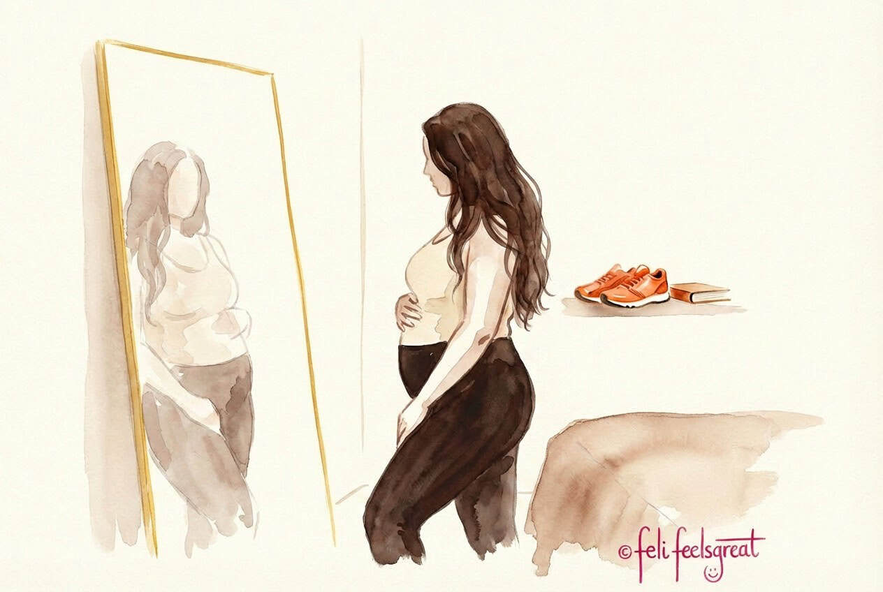 Frau betrachtet nachdenklich ihren Bauch im Spiegel, obwohl sie sich gesund ernährt und Sport macht