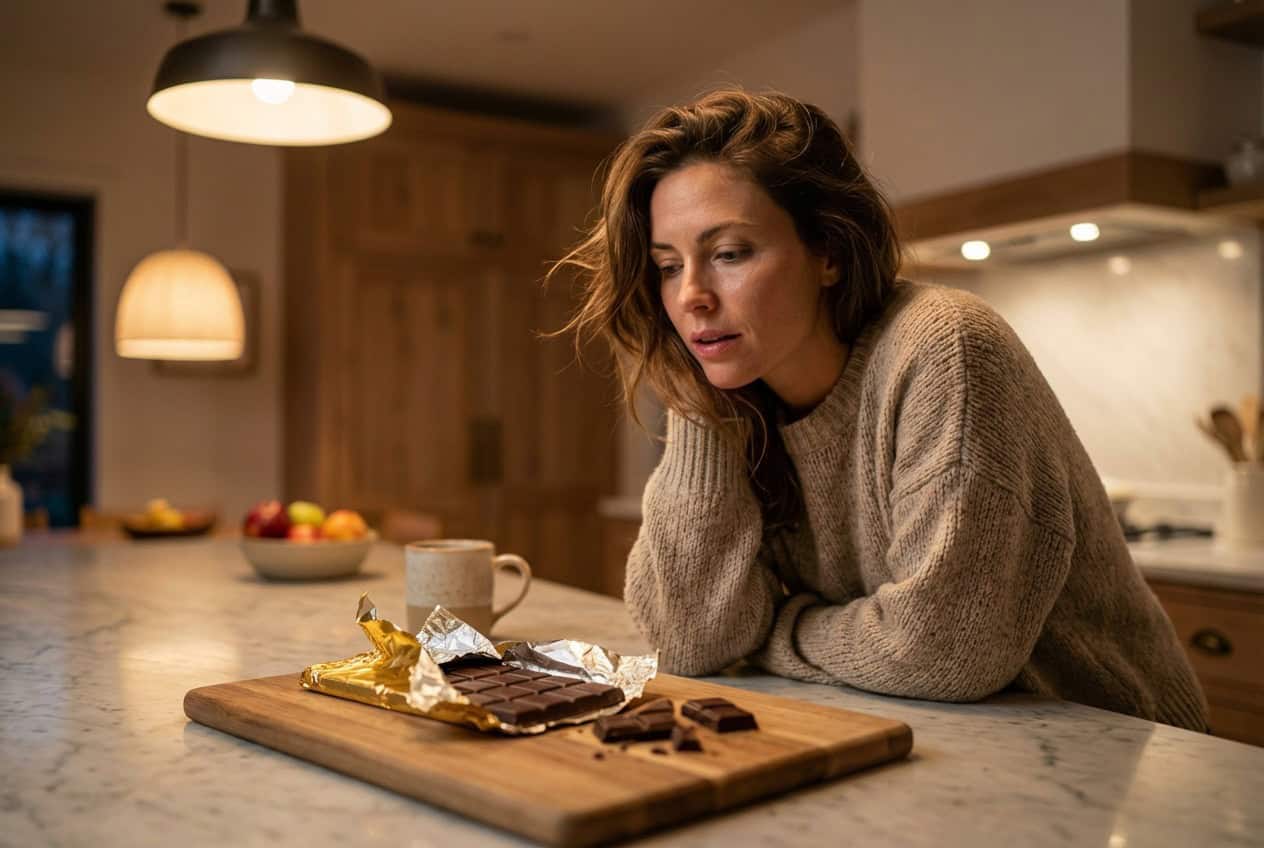 Frau lehnt abends am Küchentresen und kämpft mit Heißhunger auf Schokolade