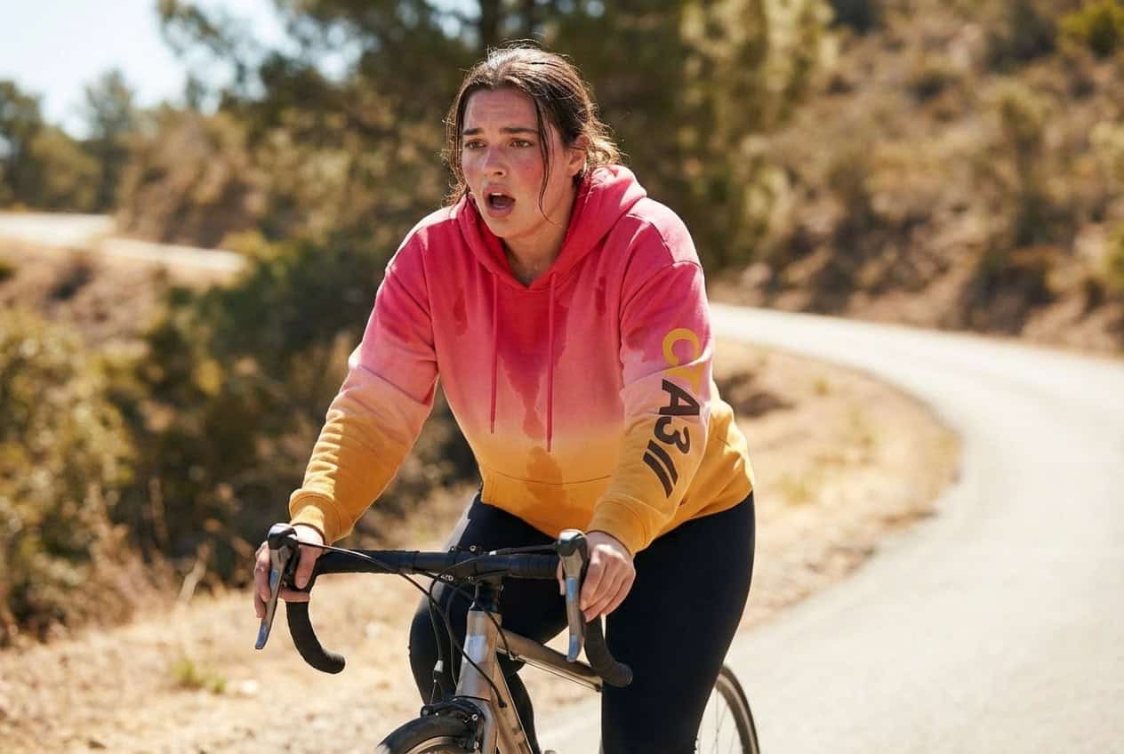 erschöpfte Frau fährt mit dem Fahrrad einen Anstieg hinauf und strengt sich sehr an, ohne sichtbare Abnehmerfolge