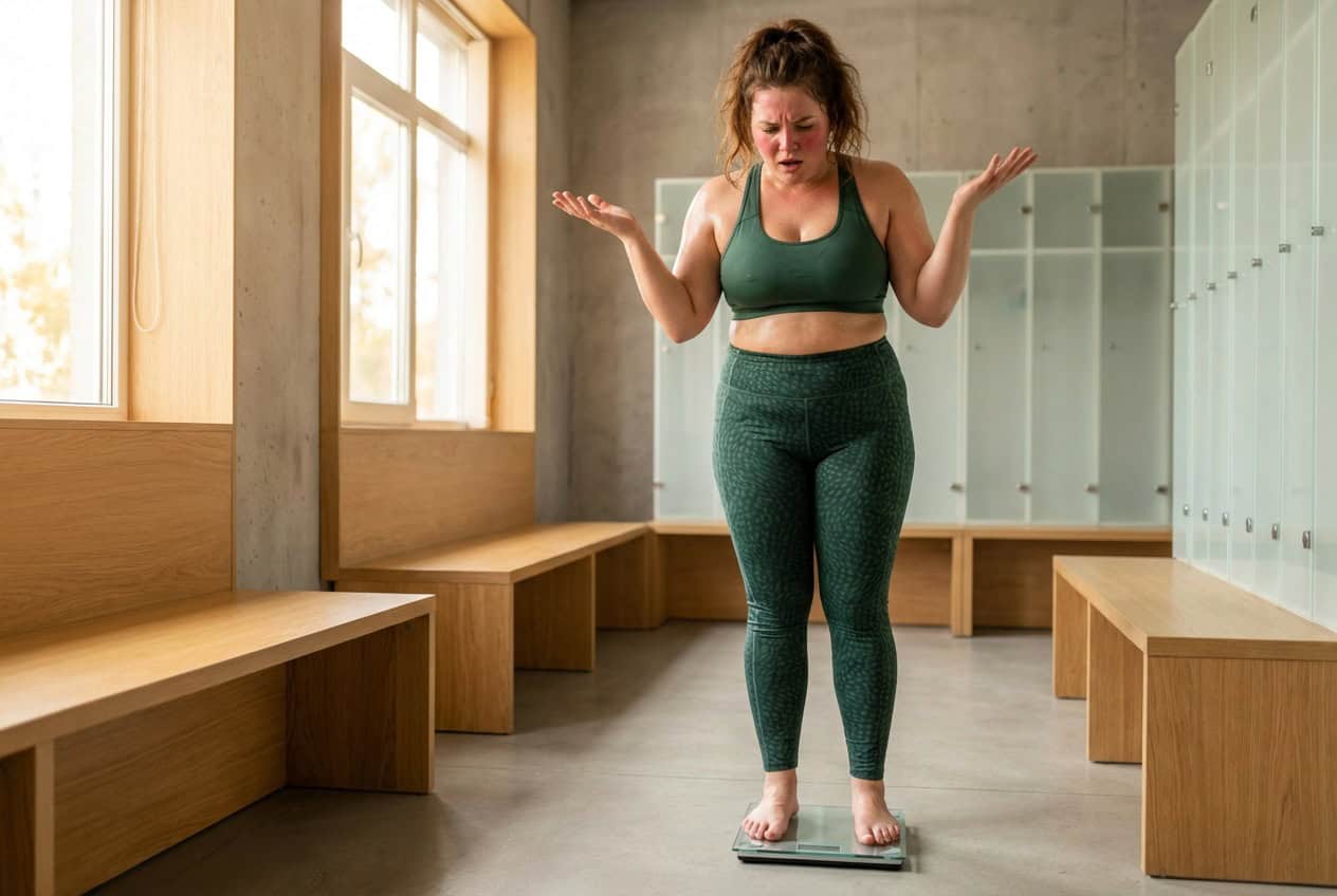 Frau in Sportkleidung steht ratlos auf der Waage obwohl sie Diät macht und trainiert