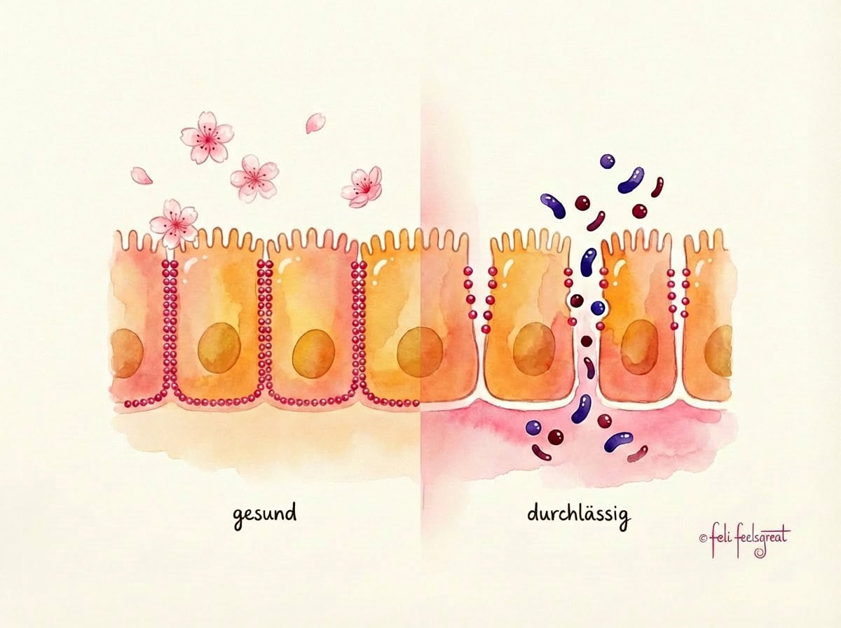 Illustration einer gesunden und einer durchlässigen Darmschleimhaut im Vergleich