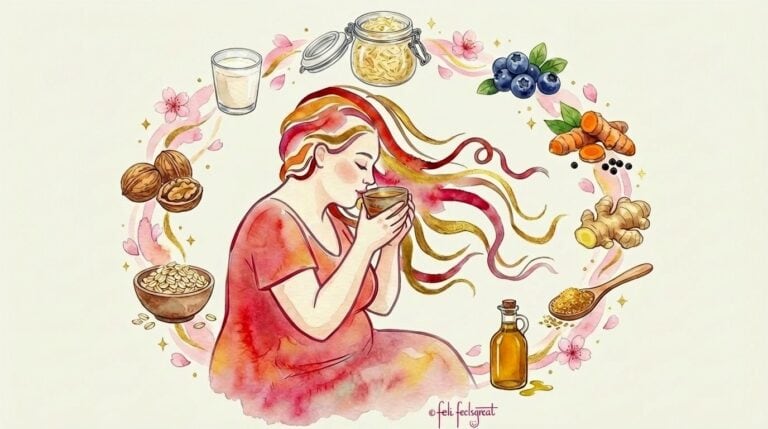 Top 10 Lebensmittel bei Leaky Gut — Aquarell-Illustration: Feli trinkt Miso-Brühe, umgeben von Sauerkraut, Heidelbeeren, Kurkuma, Ingwer, Leinsamen, Olivenöl, Haferflocken, Walnüssen und Kefir