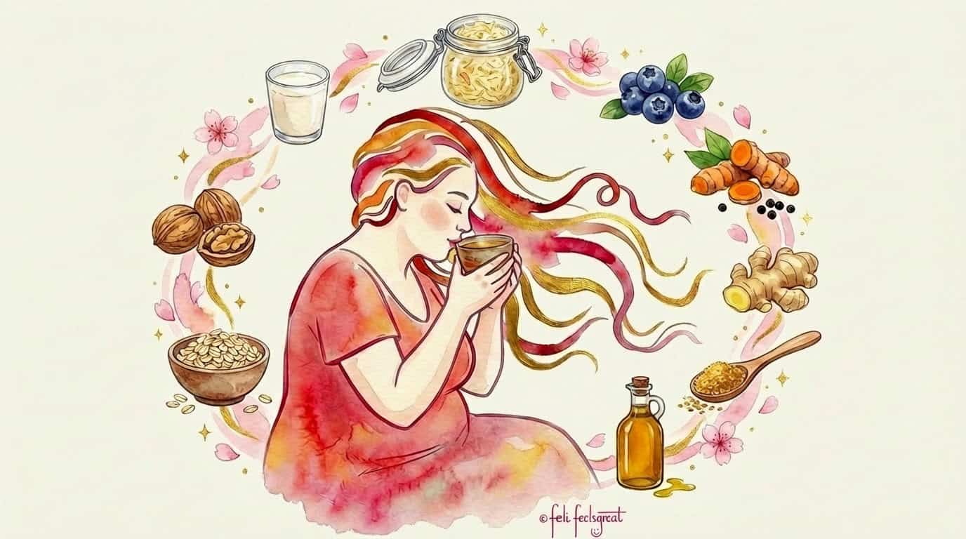 Top 10 Lebensmittel bei Leaky Gut — Aquarell-Illustration: Feli trinkt Miso-Brühe, umgeben von Sauerkraut, Heidelbeeren, Kurkuma, Ingwer, Leinsamen, Olivenöl, Haferflocken, Walnüssen und Kefir