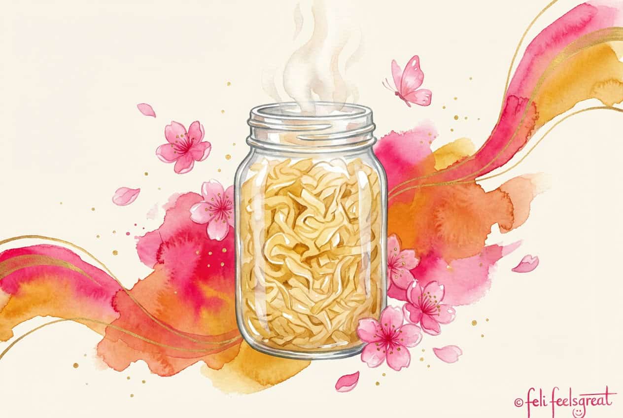 Mikrobiom aufbauen über Zeit — Aquarell-Illustration zeigt 3 Phasen der Darm-Transformation: erschöpfter grauer Darm, Übergang mit ersten Helfern (Sauerkraut, Haferflocken, Leinsamen, Heidelbeeren) und vitaler Darm mit allen Mikrobiom-Lebensmitteln (Avocado, Brokkoli, Walnüsse, Olivenöl, Kefir, Petersilie, Kurkuma, Beeren)