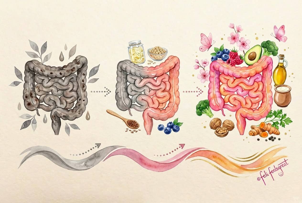 Mikrobiom aufbauen — Aquarell-Illustration zeigt die Transformation vom grauen, erschöpften Darm zum vitalen Darm, mit Sauerkraut, Haferflocken, Leinsamen, Heidelbeeren, Walnüssen, Kefir, Olivenöl und Kurkuma als Helfer auf der Brücke