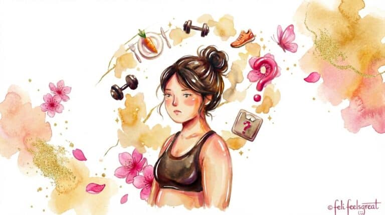 Nicht abnehmen trotz Sport - Sportliche Frau mit Hanteln, umgeben von Fitness-Utensilien und gesunden Lebensmitteln - obwohl sie trainiert, bewegt sich das Gewicht nicht