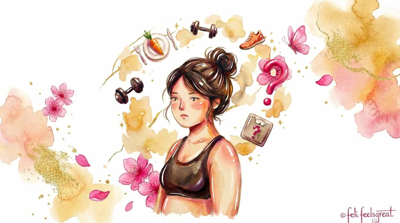 Nicht abnehmen trotz Sport - Sportliche Frau mit Hanteln, umgeben von Fitness-Utensilien und gesunden Lebensmitteln - obwohl sie trainiert, bewegt sich das Gewicht nicht