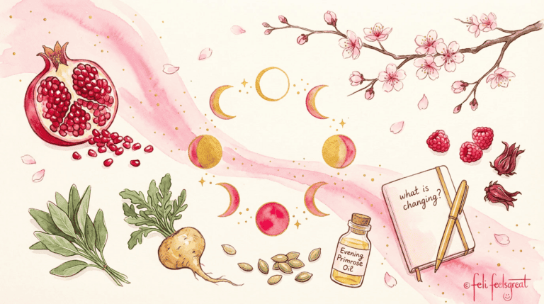 Perimenopause Symbolbild: Mondphasen, Granatapfel, Salbei, Maca, Kürbiskerne, Nachtkerzenöl und ein Notizbuch mit what-is-changing-Notiz — natürliche Begleiter in der Zeit vor den Wechseljahren.
