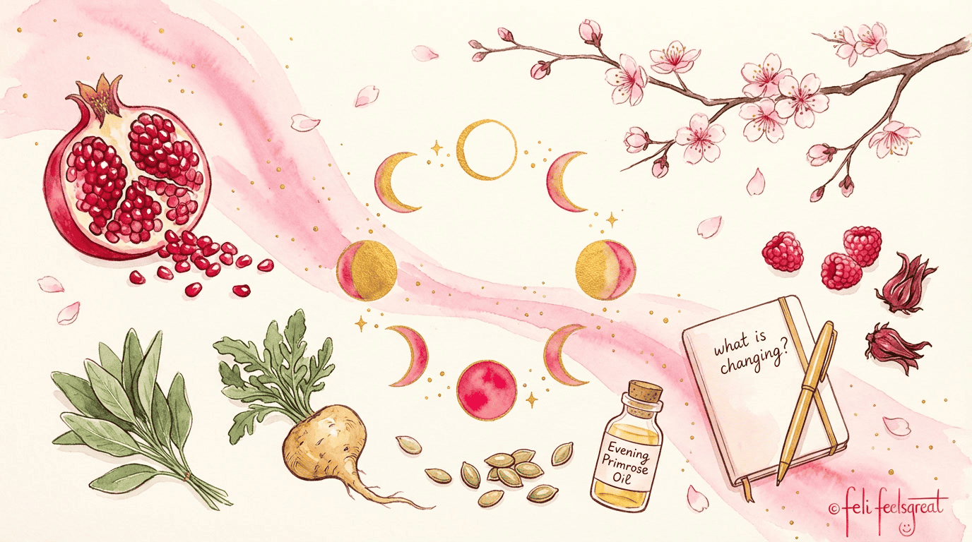 Perimenopause Symbolbild: Mondphasen, Granatapfel, Salbei, Maca, Kürbiskerne, Nachtkerzenöl und ein Notizbuch mit what-is-changing-Notiz — natürliche Begleiter in der Zeit vor den Wechseljahren.