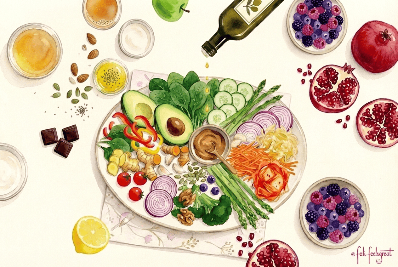 Gesunde Ernaehrung für den Stoffwechsel - bunter Teller mit Gemüse Avocado Beeren und Nuessen