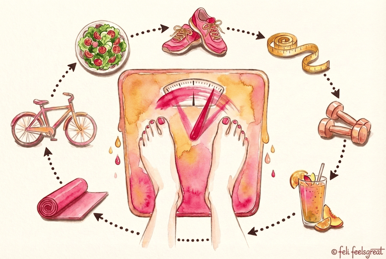 Warum wird der Stoffwechsel langsamer - Jojo-Effekt Waage umgeben von Salat Sportschuhen Hanteln und Smoothie