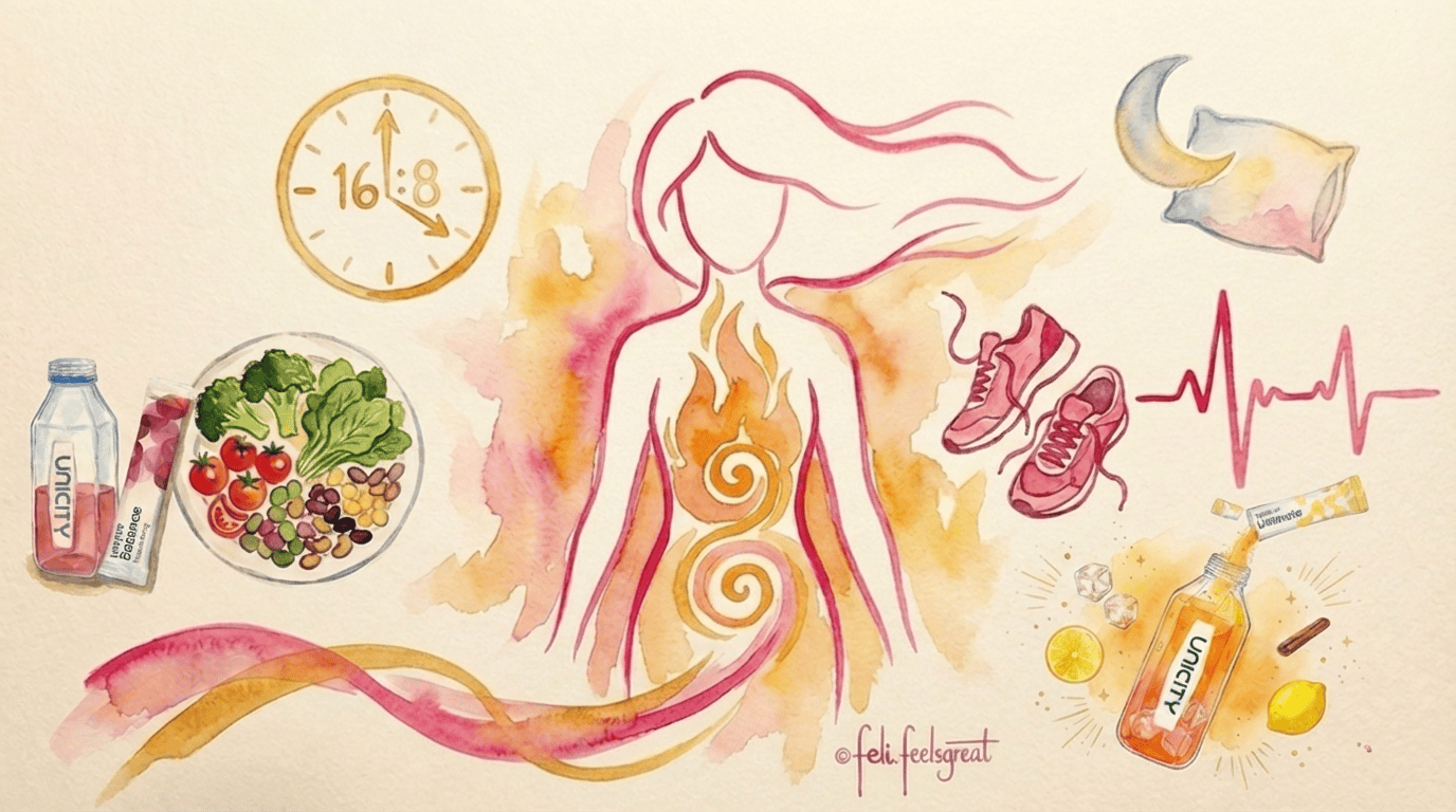 Stoffwechsel ankurbeln Tagesroutine - Unimate Balance gesundes Essen Schwimmbrille Sportschuhe Herz, Feli-Flow Aquarell