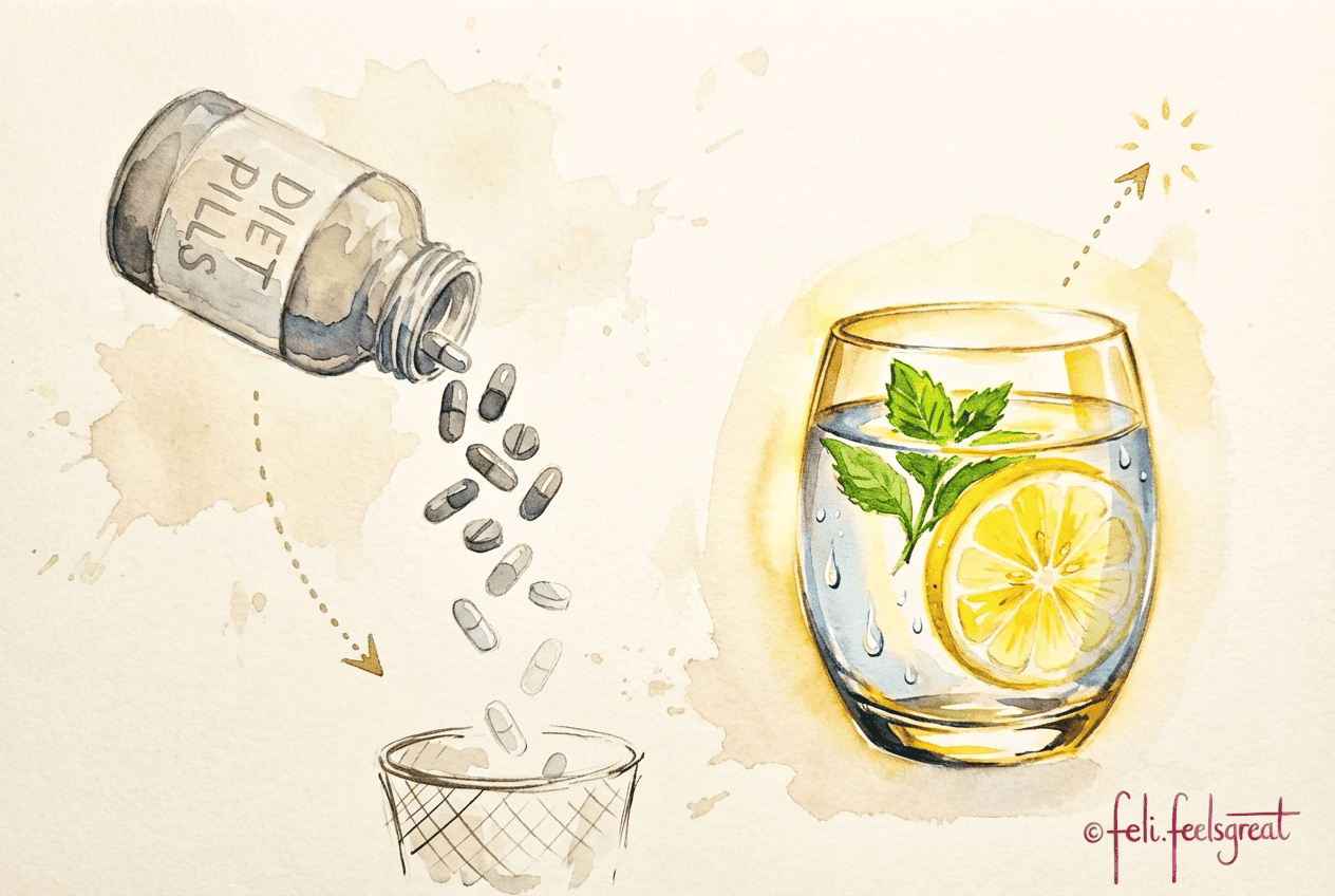 Stoffwechsel-Tabletten Mythos - Diaetpillen in den Muell neben echtem Zitronenwasser