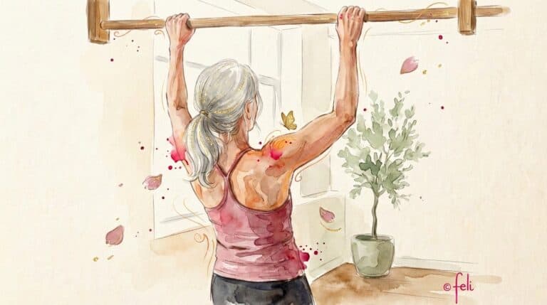 Aquarell-Illustration einer Frau Mitte 50 beim Klimmzug-Training – Muskelaufbau Frauen ab 40 mit Stronghold