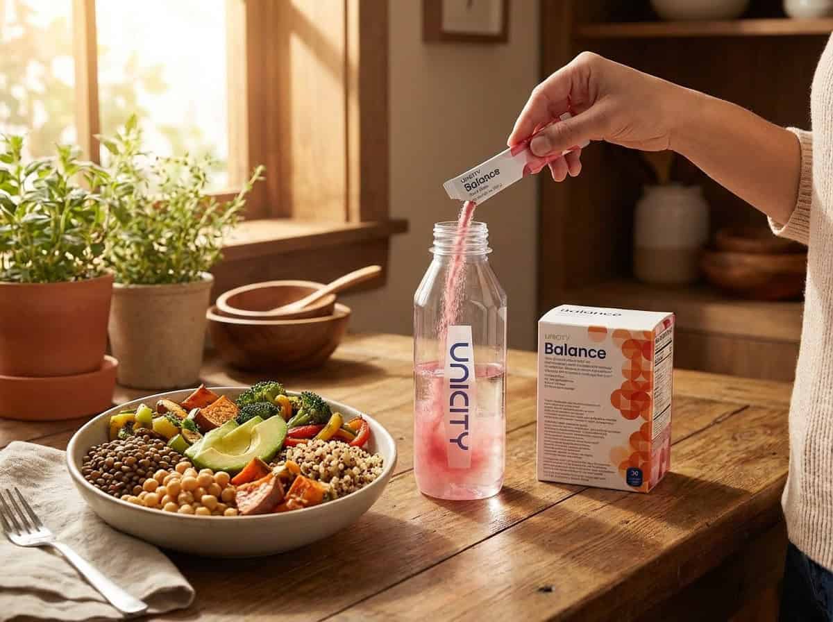 Unicity Balance Stick wird vor einer gesunden Mahlzeit in Wasser aufgelöst